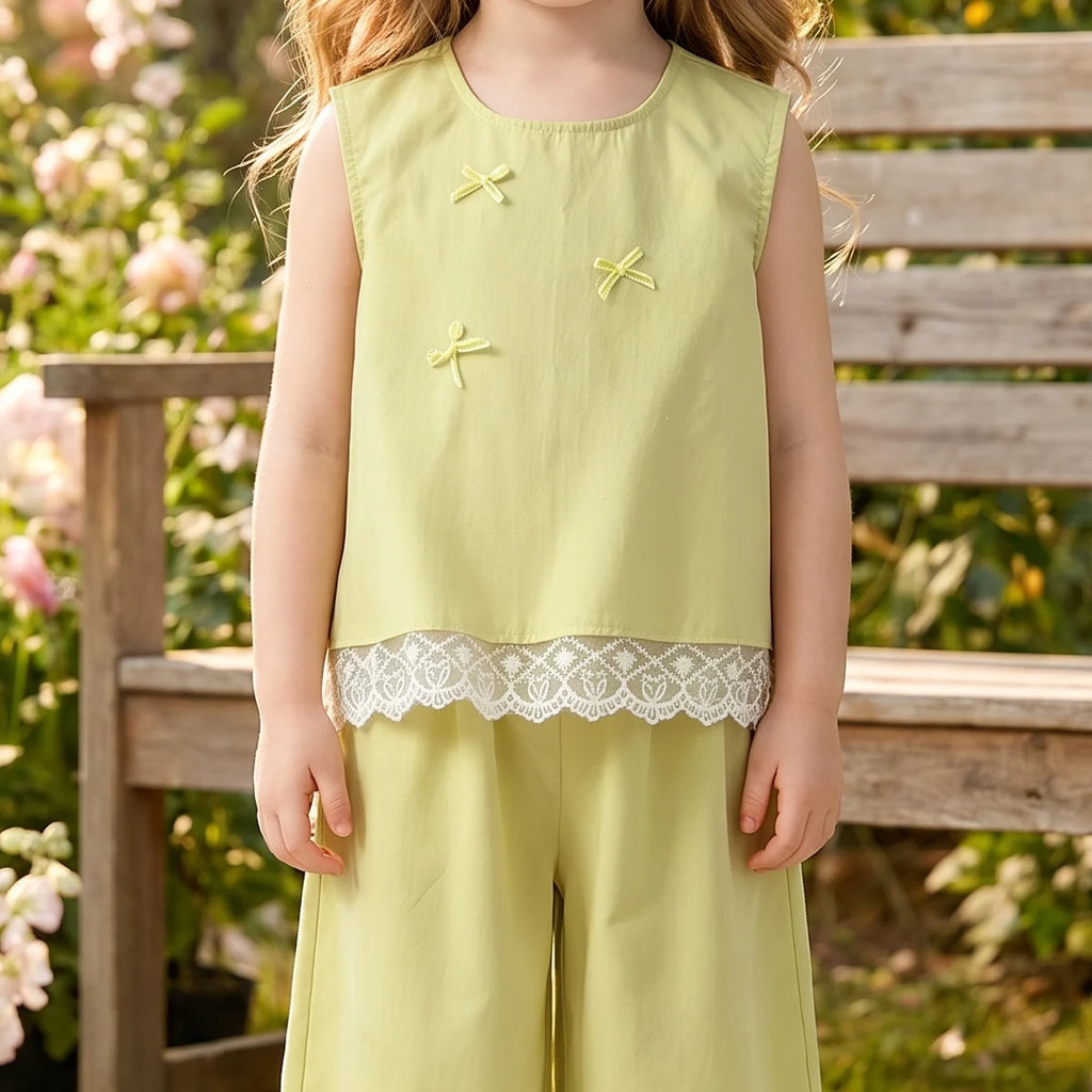 Girls Light Green Bow Applique Sleeveless Top With Pants Sets 2 pc. Sets