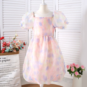 Girls Pink Puff Sleeve Square Neck Balloon Dress Casual Dresses Pink 8-9 Y
