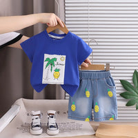 Boys Royal Blue Pineapple Printed Round Neck T-Shirt With Denim Shorts Sets 2 pc. Sets Royal Blue 1-2 Y