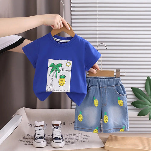 Boys Royal Blue Pineapple Printed Round Neck T-Shirt With Denim Shorts Sets 2 pc. Sets Royal Blue 1-2 Y