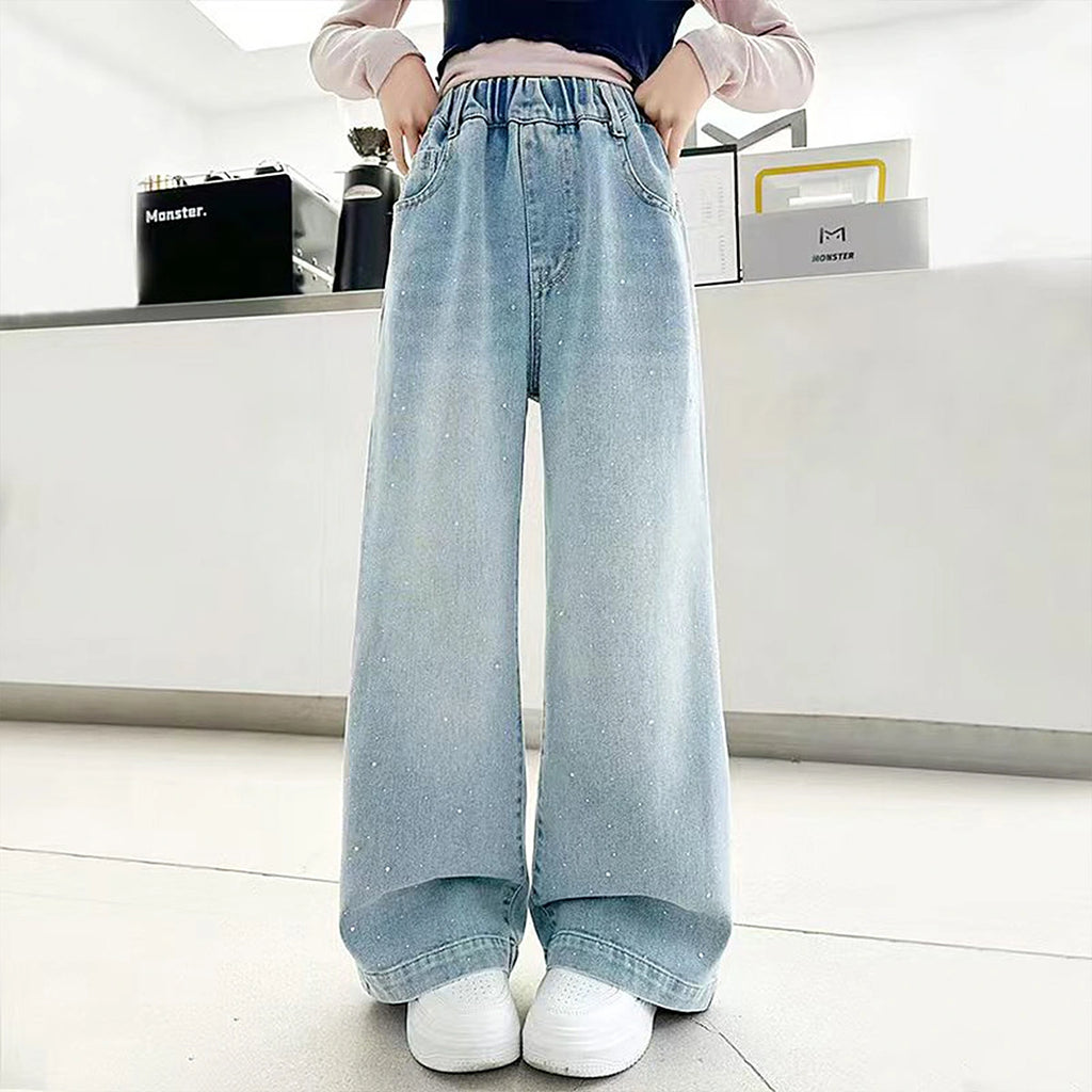Girls Light Blue Rhinestone Embellished Loose Fit Denim Jeans Pants