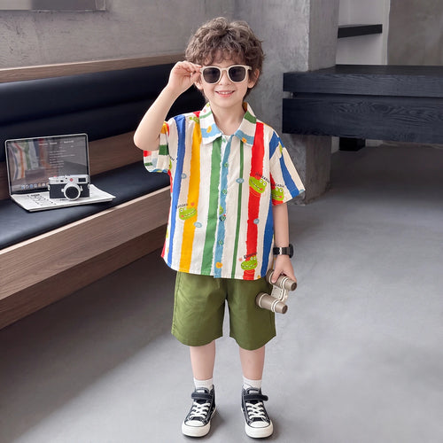 Boys Multicolour Striped Short Sleeve Shirt With Shorts Sets 2 pc. Sets Multicolor 1-2 Y