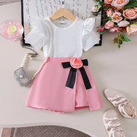 Girls White Flutter Sleeve Rose Bow Shorts Sets 2 pc. Sets White 2-3 Y