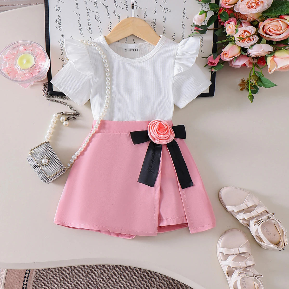 Girls White Flutter Sleeve Rose Bow Shorts Sets 2 pc. Sets White 2-3 Y