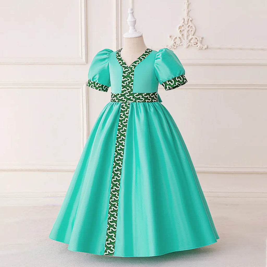 Girls Teal Puff Sleeves Fit & Flare Dress With Printed Trims Casual Dresses