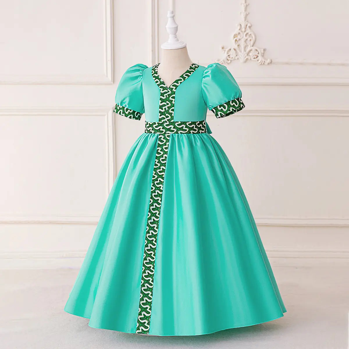 Girls Teal Puff Sleeves Fit & Flare Dress With Printed Trims Casual Dresses