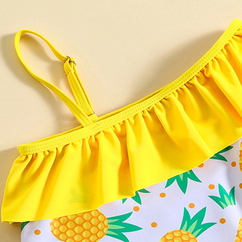 Girls Yellow Pineapple Print One Shoulder Swimwear Bodysuit Beachwear