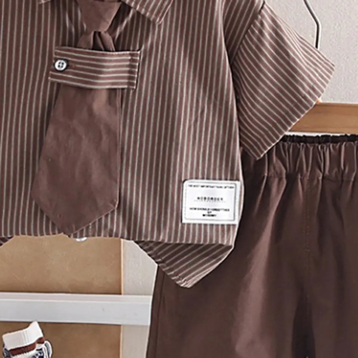 Boys Brown Striped Button-Down Shirt With Shorts Sets Sets