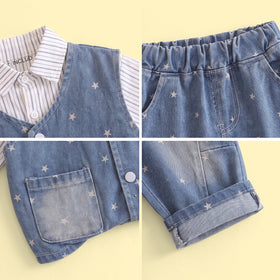 Boys Light Blue Star Print Denim Vest & Pants With Shirts Sets Sets