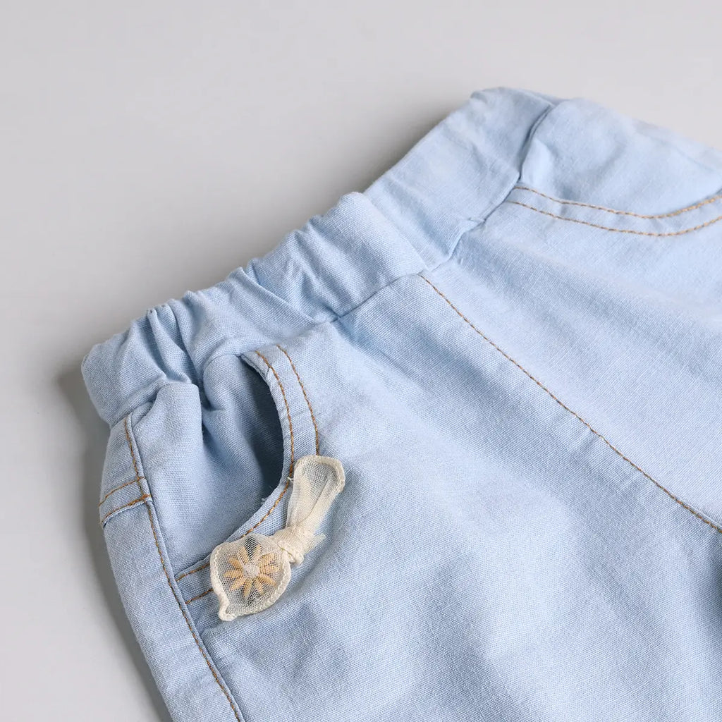 Girls Sky Blue Embroidered Top With Elasticated Shorts Sets 2 pc. Sets