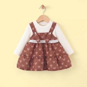 Girls Brown Heart Print Long Sleeve Pinafore Dress Casual Dresses Brown 1-2 Y