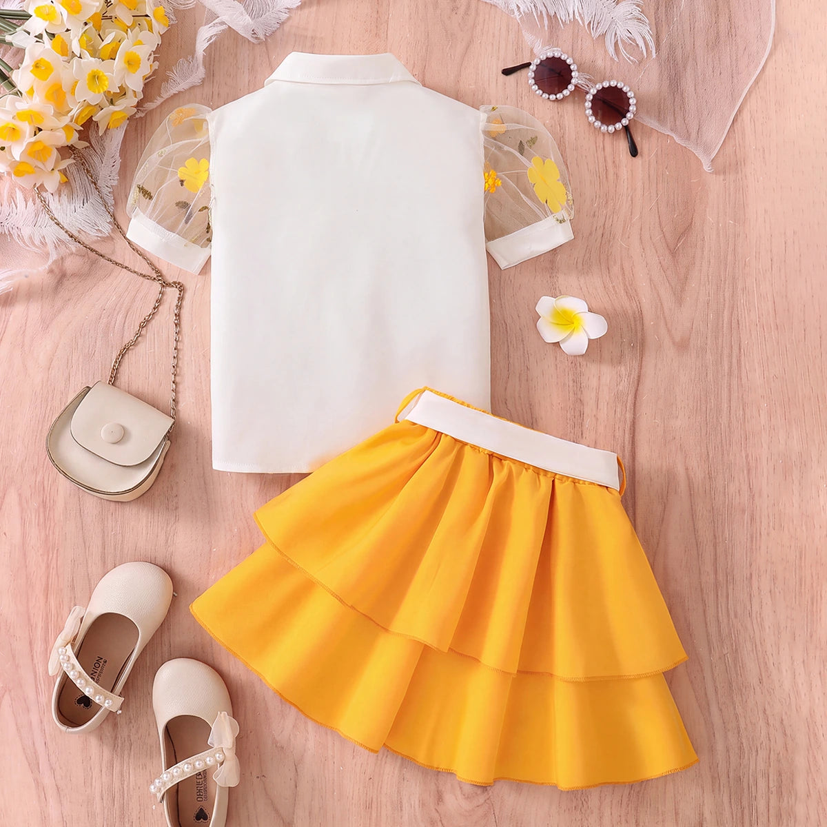 Girls White Puff Sleeve Top With Skirt Sets 2 pc. Sets