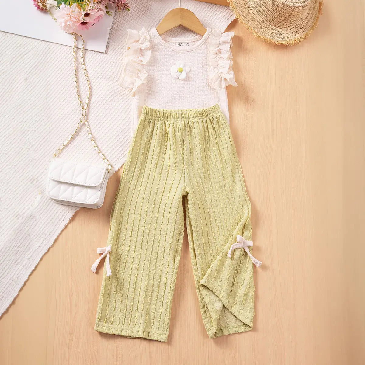 Girls Apricot Textured Sleeveless Ruffle Top With Pant Sets Sets Apricot 1-2 Y