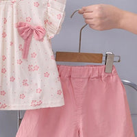 Girls Pink Floral Printed Round Neck Top With Elasticated Shorts Sets 2 pc. Sets