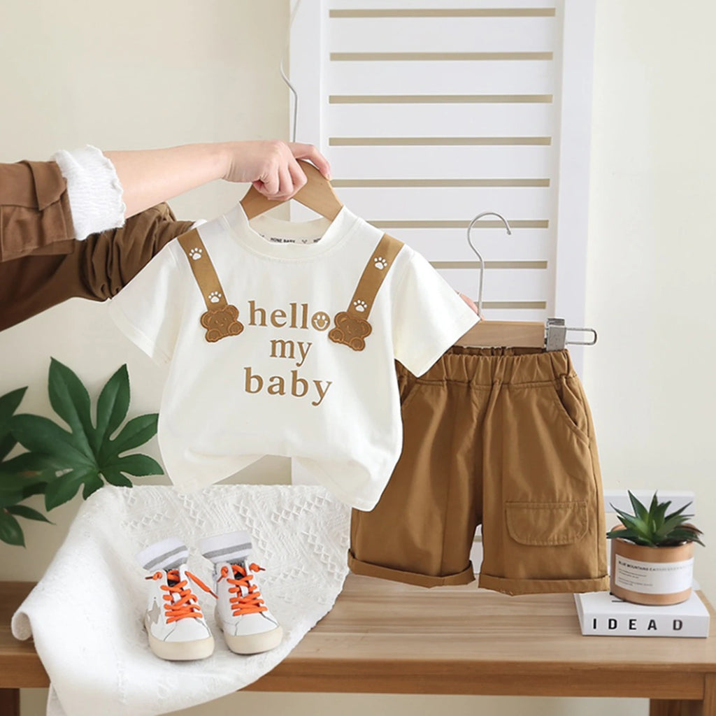Boys Brown Typographic Printed Short Sleeve T-Shirt With Shorts Sets 2 pc. Sets Brown 1-2 Y