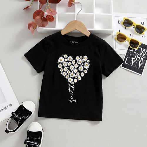 Girls Black Floral Print Short Sleeve T-Shirt Tshirts Black 2-3 Y