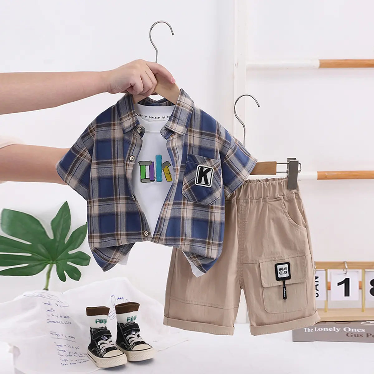 Boys Blue Checked Short Sleeve Shirt With Printed T-Shirt And Shorts Sets 3 pc. Sets Blue 1-2 Y