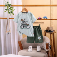 Boys Green Biker T-Shirt With Elasticated Shorts Sets 2 pc. Sets Green 3-4 Y