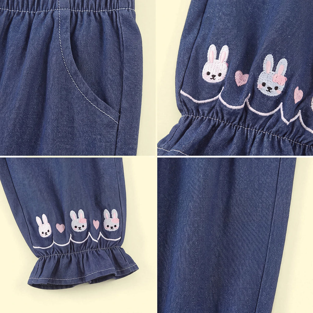 Girls Blue Embroidered Denim Pants Pants