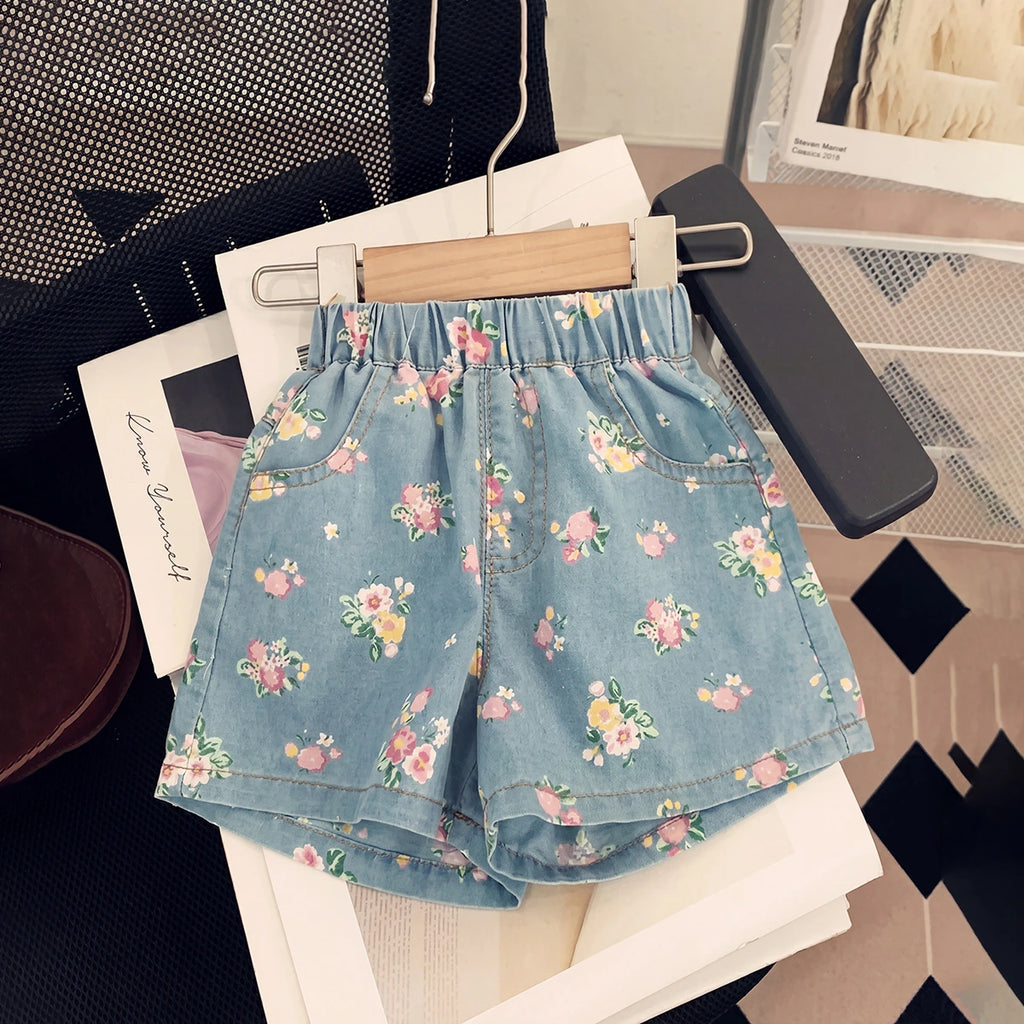 Girls Light Blue Floral Print Top With Elasticated Shorts Sets 2 pc. Sets