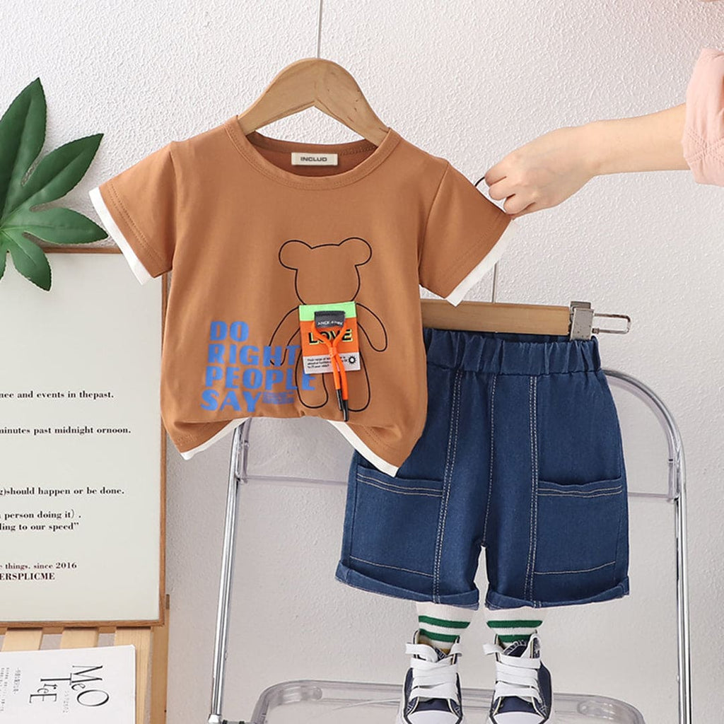 Boys Bear Print Short Sleeve Graphic T-Shirt With Denim Shorts 2 pc. Sets Light Brown 1-2 Y 