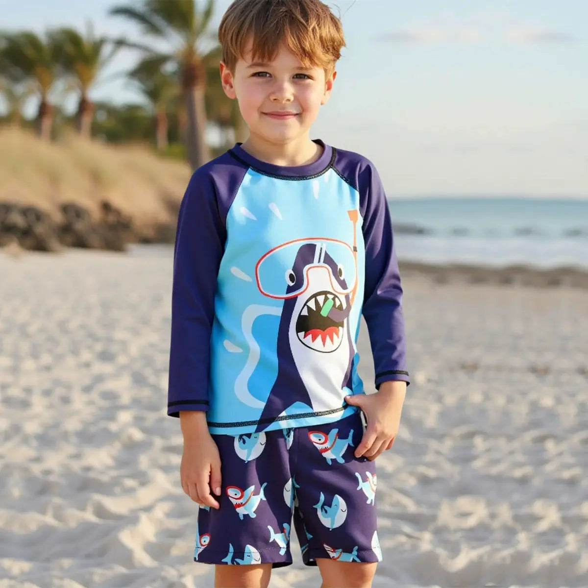 Boys Sky Blue Shark Printed Long Sleeves T-Shirt & Shorts Swimsuit Sets Sets