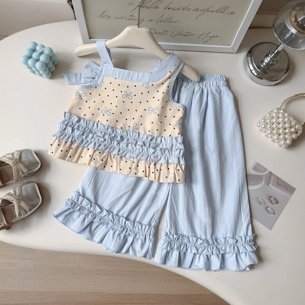 Girls Light Blue Polka Dot Printed Top with Elasticated Pants Sets 2 pc. Sets