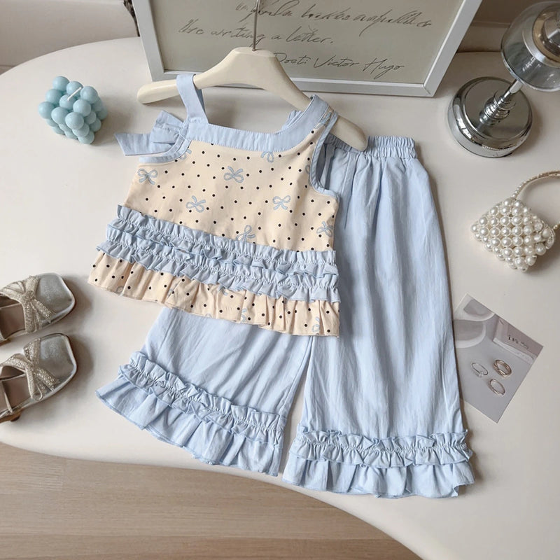 Girls Light Blue Polka Dot Printed Top with Elasticated Pants Sets 2 pc. Sets