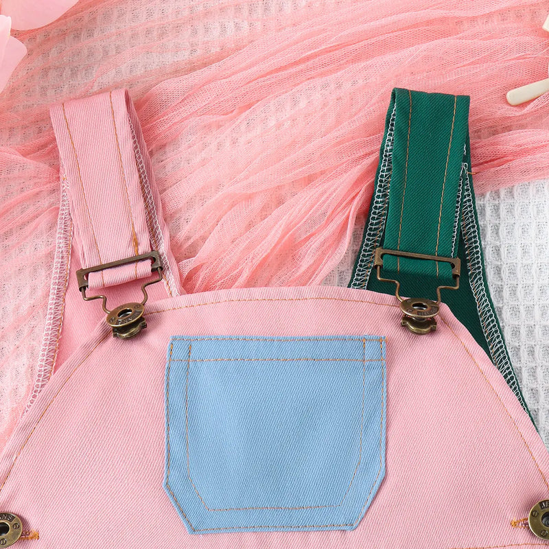 Girls Multicolor Colorblocked Square Neck Dungaree Jumpsuits