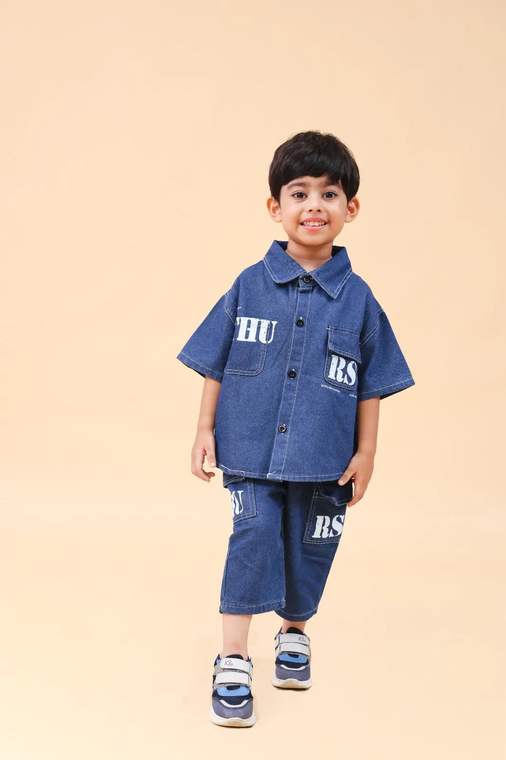 Boys Blue Denim Printed Short Sleeves Shirt With Cargo Pants Set 2 pc. Sets