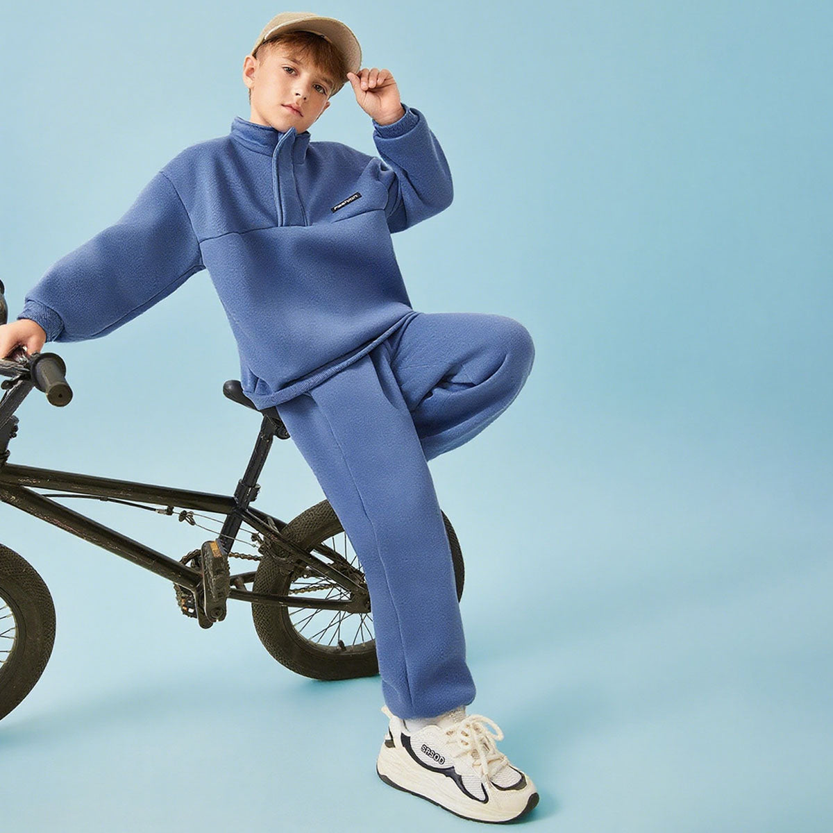 Boys Blue Solid High Neck Sweatshirt With Joggers Winter Co-ord Sets 2 pc. Sets