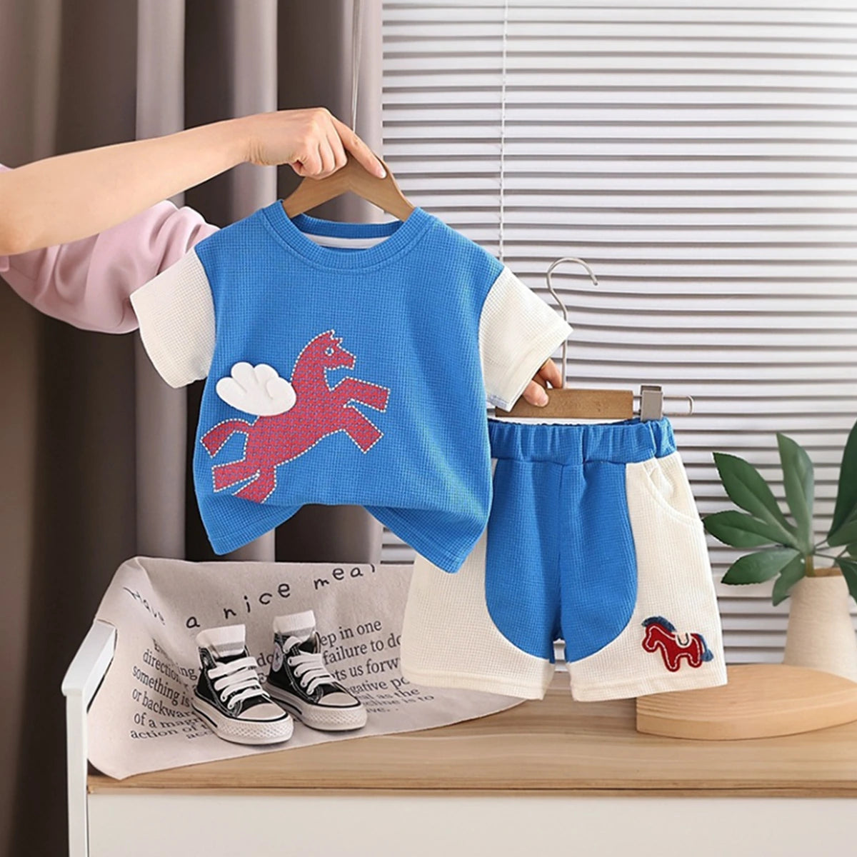 Boys Blue Horse Printed Short Sleeve T-Shirt With Elasticated Shorts Sets 2 pc. Sets Blue 1-2 Y