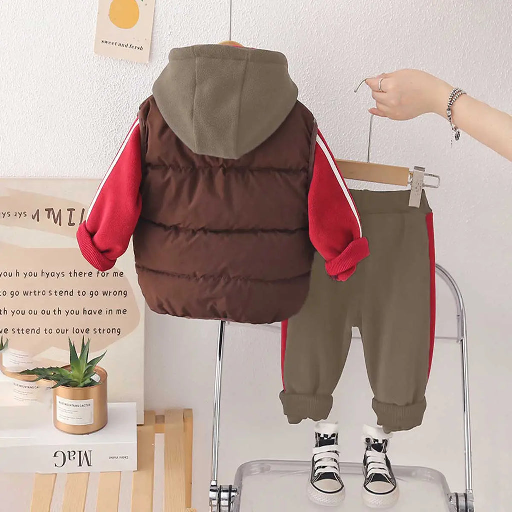 Boys Green Hooded Zipper Jacket With Puffer Vest & Jogger Sets Sets