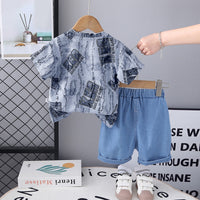 Boys Blue Distressed Printed Short Sleeves T-Shirt With Denim Short Set 2 pc. Sets