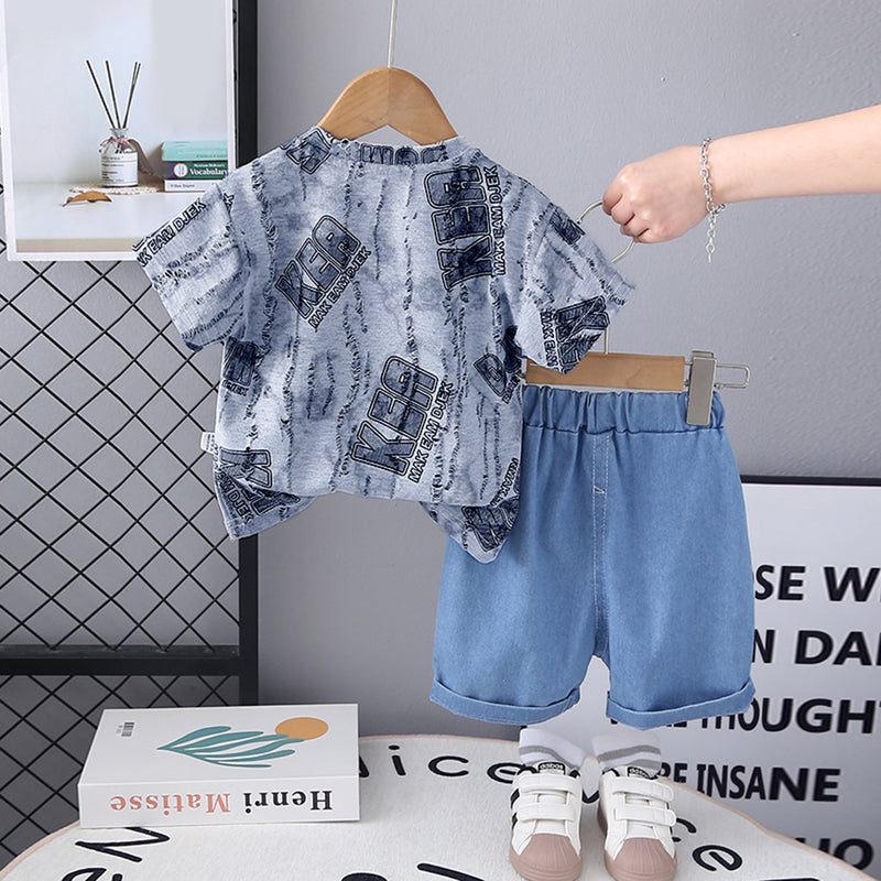 Boys Blue Distressed Printed Short Sleeves T-Shirt With Denim Short Set 2 pc. Sets