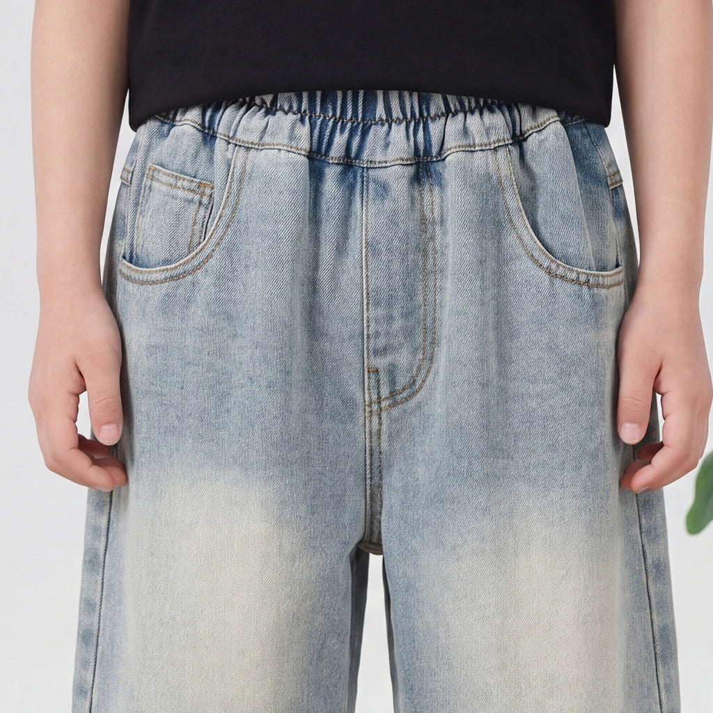 Boys Light Blue Embroidered Relaxed Fit Denim Shorts Shorts