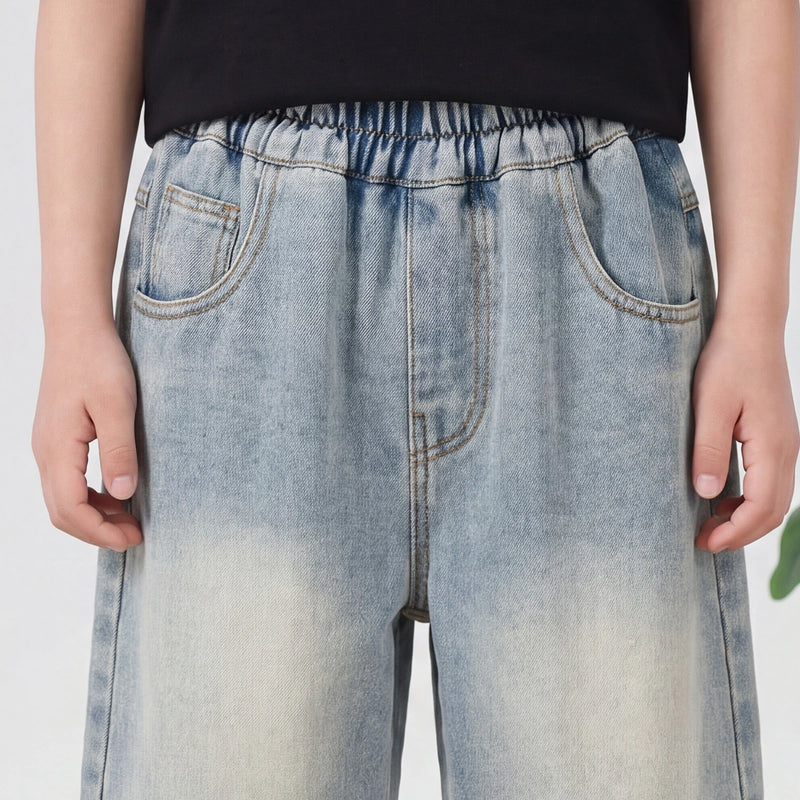 Boys Light Blue Embroidered Relaxed Fit Denim Shorts Shorts