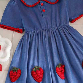 Girls Blue Strawberry Applique Puff Sleeve A-Line Dress Casual Dresses