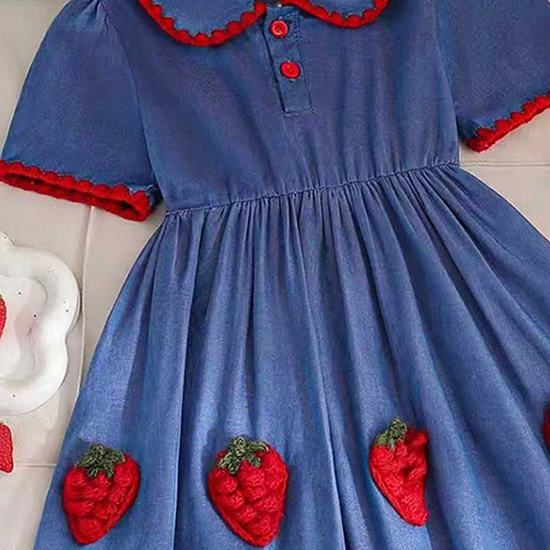 Girls Blue Strawberry Applique Peter Pan Collar A-Line Dress – INCLUD