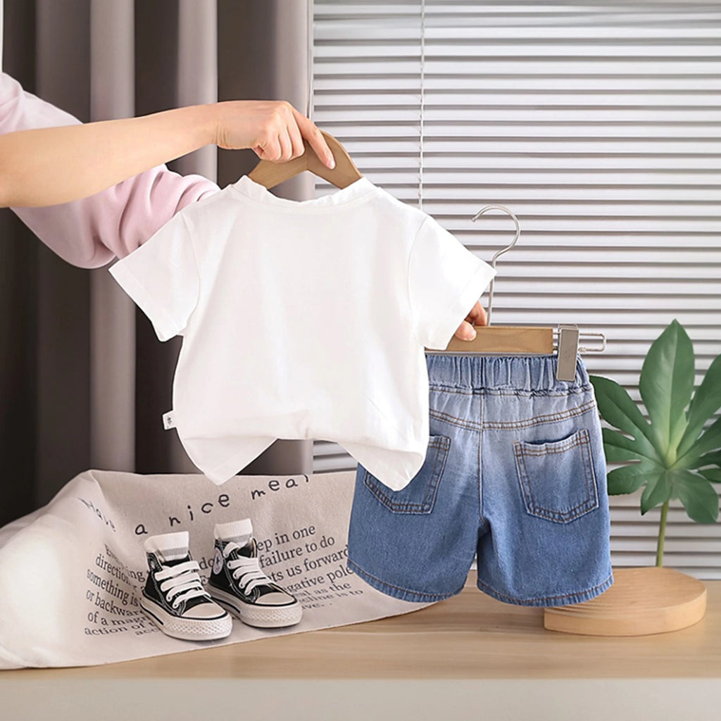 Boys White Gaming Console Print T-Shirt With Denim Shorts Set Sets