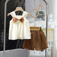 Girls Brown Textured Bow Detail Sleeveless Top With Shorts Set Sets Brown 1-2 Y