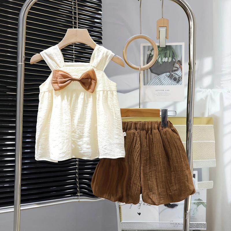 Girls Brown Textured Bow Detail Sleeveless Top With Shorts Set Sets Brown 1-2 Y