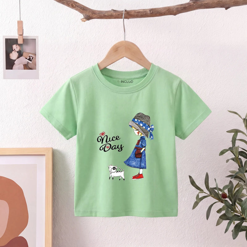 Girls Green Nice Day Typography Print Short Sleeve T-Shirt Tshirts Green 1-2 Y