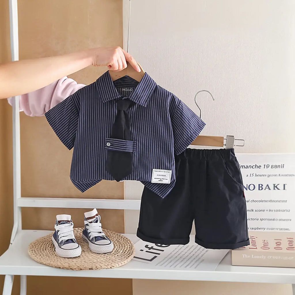 Boys Dark Blue Striped Button-Down Shirt With Shorts Sets Sets Dark Blue 1-2 Y
