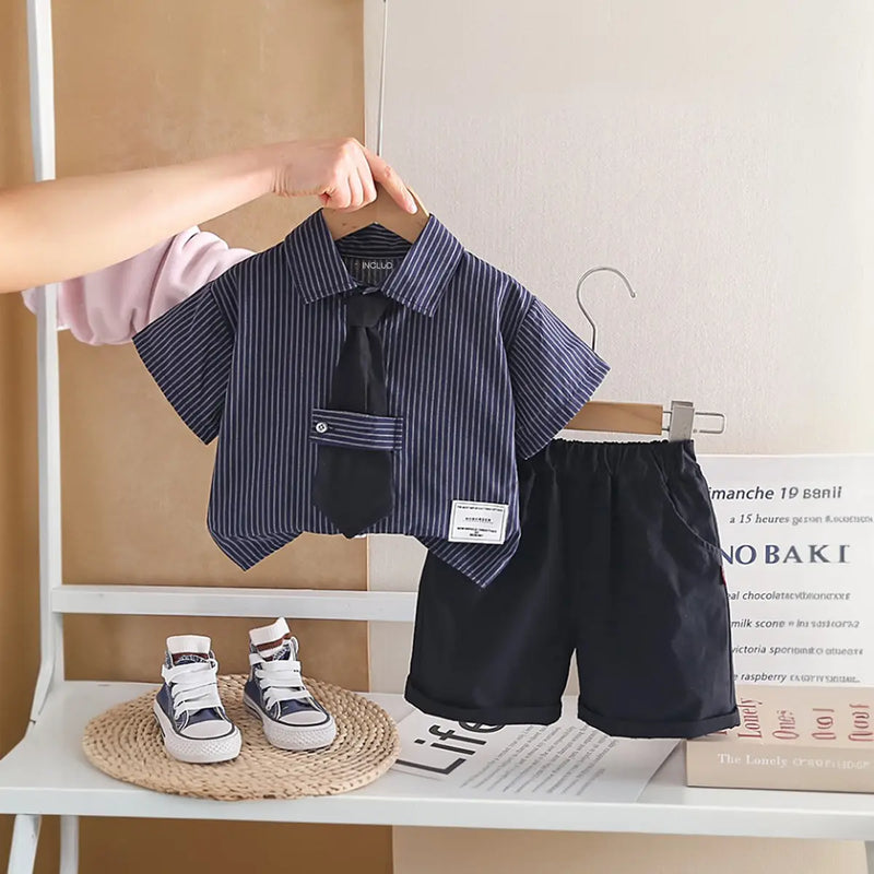 Boys Dark Blue Striped Button-Down Shirt With Shorts Sets Sets Dark Blue 1-2 Y