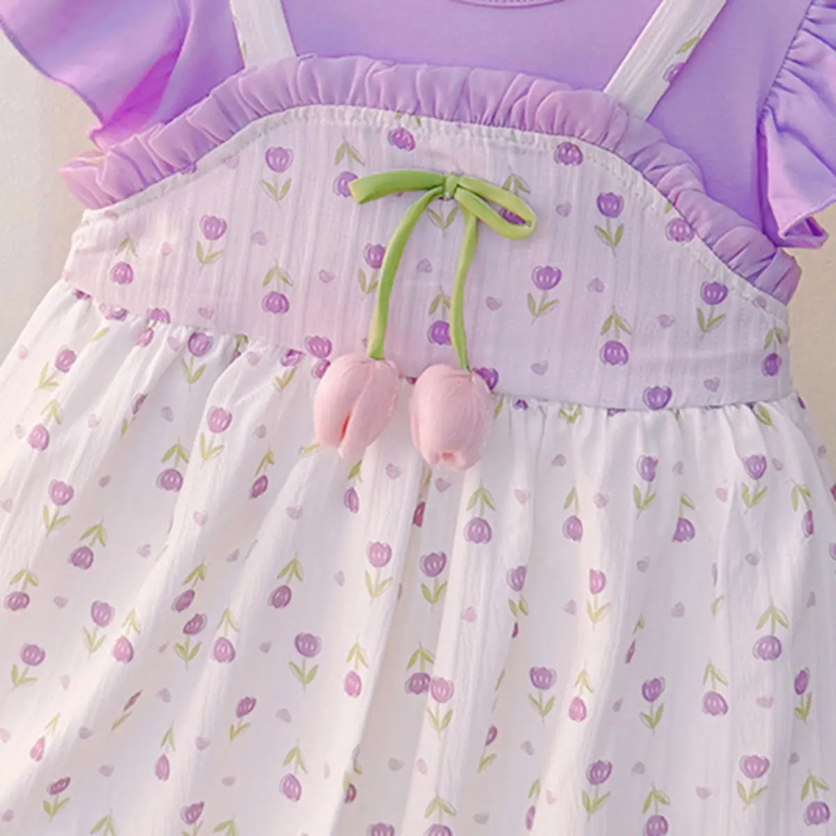 Girls Purple Floral Printed Short Sleeve Balloon Dress Casual Dresses