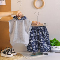 Boys Grey Textured Sleeveless Polo T-Shirt With Printed Shorts Sets Sets