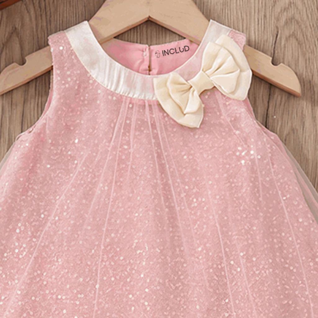 Girls Pink Sequins Embellished Sleeveless A-line Dress Casual Dresses