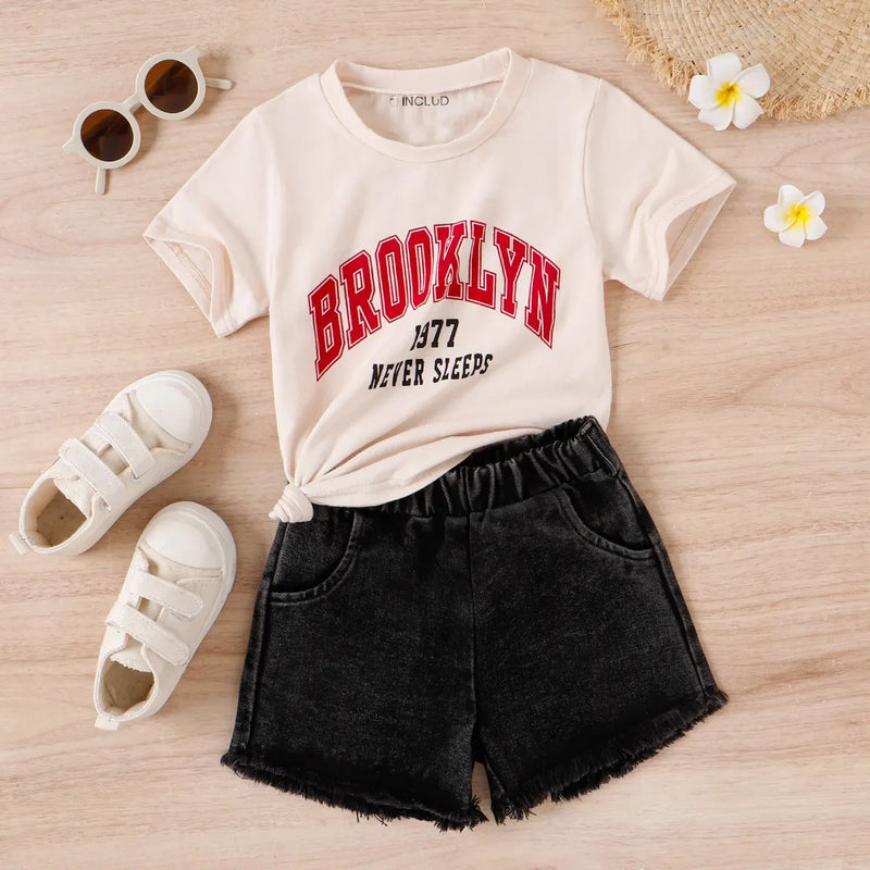 Boys Off White Typographic Print Short Sleeve T-Shirt With Denim Shorts Sets 2 pc. Sets Off White 3-4 Y