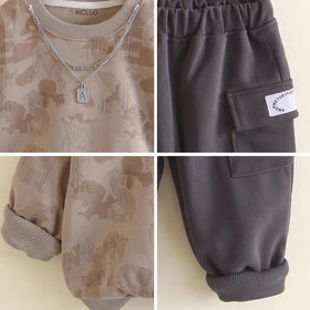 Boys Khaki Abstract Print Long Sleeve Sweatshirt With Pants Sets 2 pc. Sets